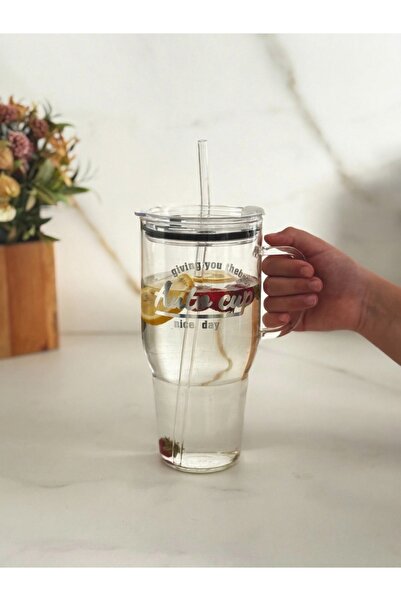 Empressco 1200 ml Cam Termos, Mika Kapak ve Cam Pipetli Büyük Boy Yazılı Bardak