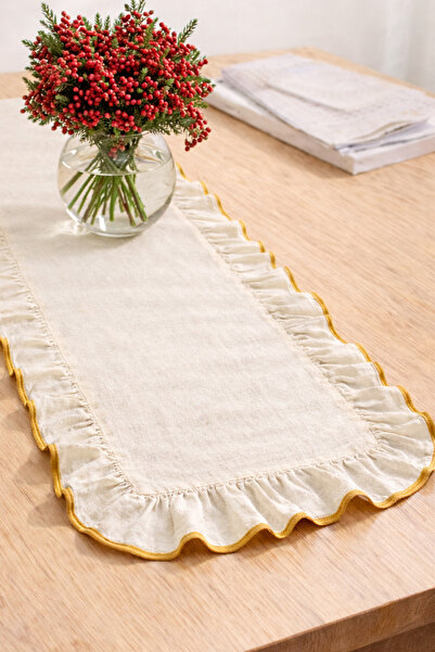 MUEV %100 Pamuk Gold Serisi Çeyizlik Fırfırlı Runner Amerikan Servis Lüks Ove...