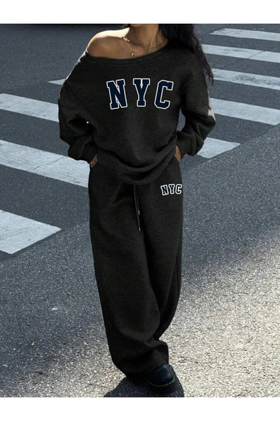 npLStore Women's Nyc Printed Boat Neck Sweatshirt Sweatpants Two Piece Bottom...