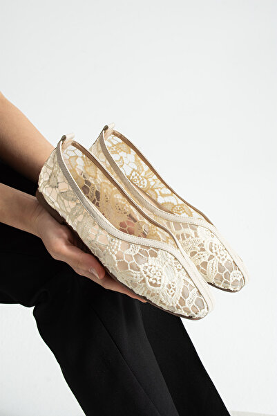 dabab shoes Floria Dantel Women's Flat Babet Lace Woven Floral Patterned Eleg...