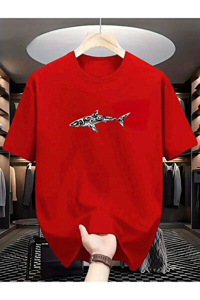 FUFLUNS تي شيرت رجالي بطبعة سمكة القرش وياقة دائرية كبيرة الحجم