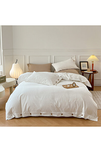 OEM 4-piece bed linen, Elegant Button Pattern, 100% Cotton, White 220×240 cm