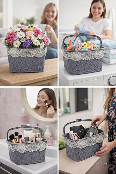 HANK TİCARET Gümüş Beyaz Güpürlü Plastik Sepet/Mandal Sepeti / Örgü Modeli Aç...