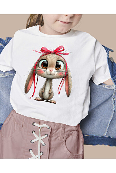F17 Ajans Fiyonklu Sevimli Tavşan Baskılı %100 Pamuk Sıfır Yaka Kız Çocuk Tiş...