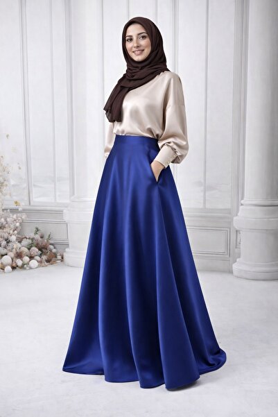 MadyaButik Women's Cobalt Blue Pocketed Laced Hijab Kilos Skirt
