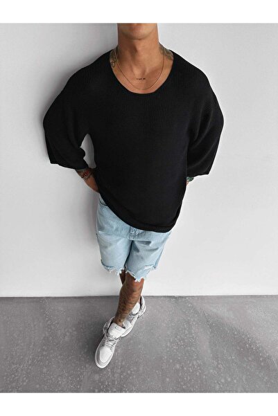 elkumoda Ανδρικό πλεκτό μπλουζάκι Premium Oversize, χαλαρή εφαρμογή, καλοκαιρ...