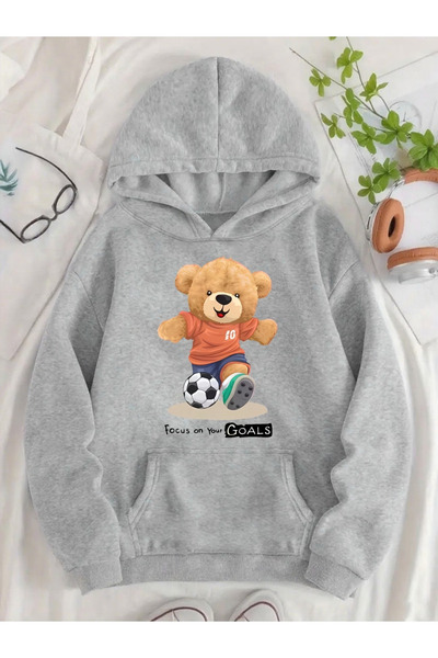 Flow touch Teddy Printed Women/Men Unisex Oversized Hooded Gray Sweatshirt