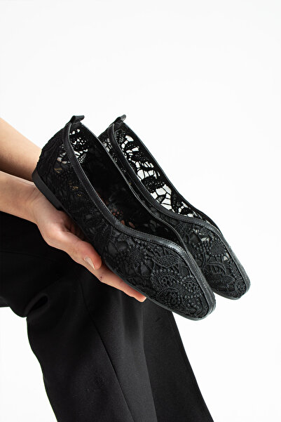 dabab shoes Floria Dantel Women's Flat Babet Lace Woven Floral Patterned Eleg...