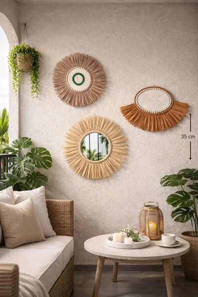 GE El Yapımı 3 lü Rafya Bohem Hasır Boncuk Yelpaze Balkon ve Duvar Süsü