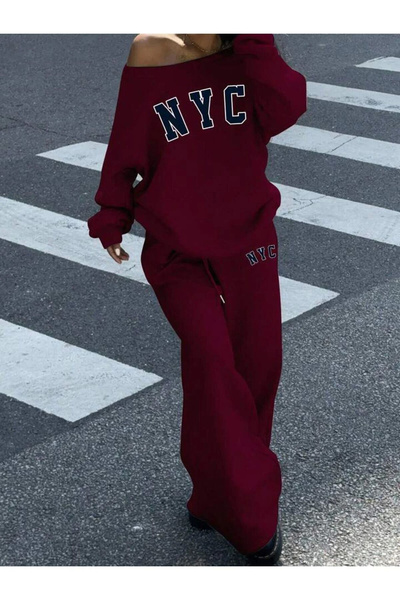 npLStore Women's Nyc Printed Boat Neck Sweatshirt Sweatpants Two Piece Bottom...