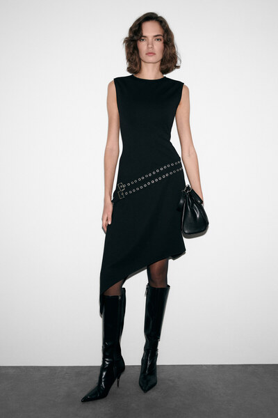 GRIMELANGE Melodrama stretch fabric round neck asymmetrical hem belt detailed...