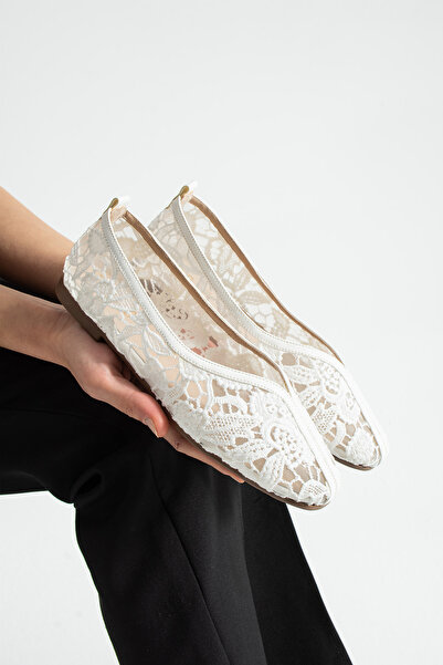 dabab shoes Floria Dantel Women's Flat Babet Lace Woven Floral Patterned Eleg...
