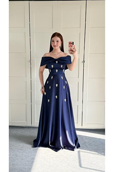 AYŞENUR DİNÇER Mahfiruze Kayık Yaka Abiye Lacivert