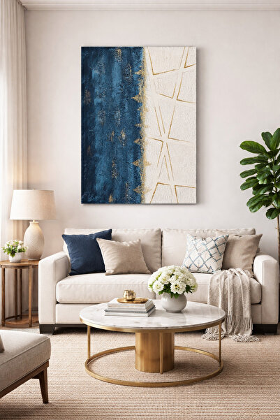 VARLIQ El Yapımı Rölyef Dokulu Soyut Tablo – Lacivert, Beyaz ve Altın Detaylı...