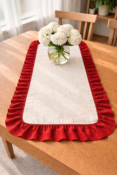 ŞAH TEXTILE DESIGN kırmızı fırfır detaylı yıkanmış premıum keten runner 40x110