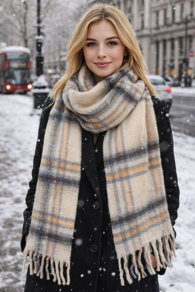 HAZAL KAYA ATELIER Beige Plaid Patterned Thick Scarf Shawl 210X43 cm