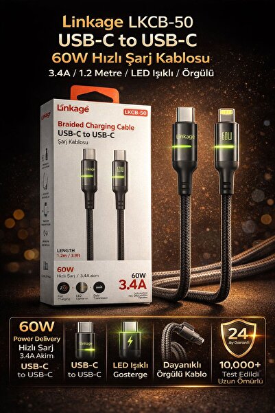 Linkage LKCB-50 USB Type-C to Type-C 60W Şarj Kablosu