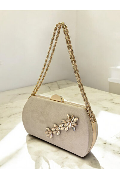 Biçanta Beige Gold Luxury Suede Crystal Stone Metal Handle Chain Women's Even...