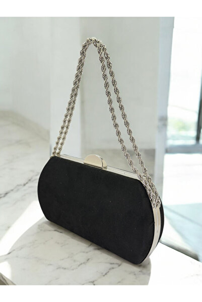 Biçanta Black Luxury Suede Crystal Stone Metal Handle Chain Women's Evening D...