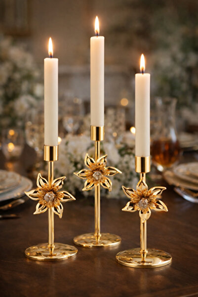 burenze Modern Flower Çiçek Detaylı Dekoratif Mumluk 3’lü Şamdan Obje Paslanm...