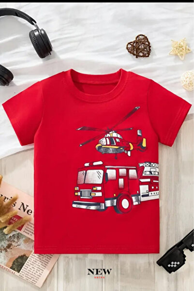 New Shine تي شيرت للأطفال مطبوع عليه شاحنة إطفاء للجنسين