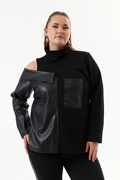 Truva XXL One-Shoulder Window Leather Paneled Sweatshirt