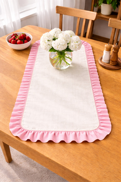 ŞAH TEXTILE DESIGN pembe fırfır detaylı yıkanmış premıum keten runner 40x110