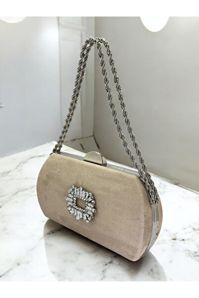 Biçanta Beige Luxury Suede Crystal Stone Metal Handle Chain Women's Evening D...