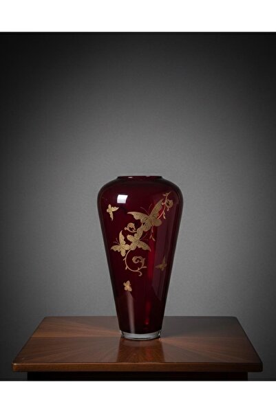 Elips Hediyelik BORDO KELEBEK DESEN CAM VAZO 37 cm