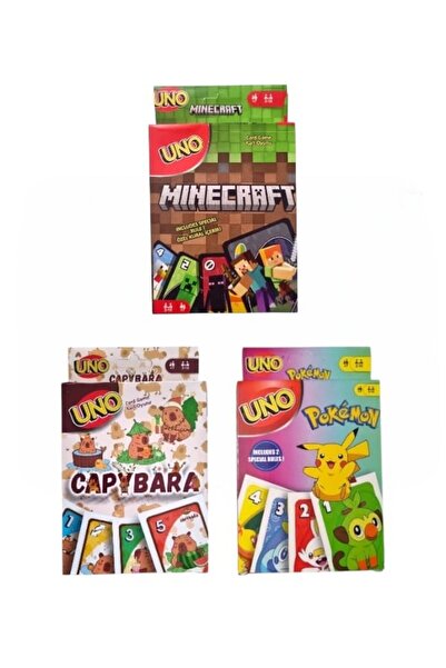 Oyunsal Capybara Uno + Pokemon Uno + Minecraft Uno Oyun Kartları 3'lü Set