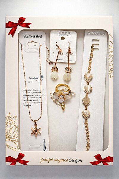 MİHRES ÇELİK TAKI SETİ ŞIK DÜĞÜN GÜNLÜK SET KOLYE KÜPE BİLEKLİL YÜZÜK 4'LÜ SET