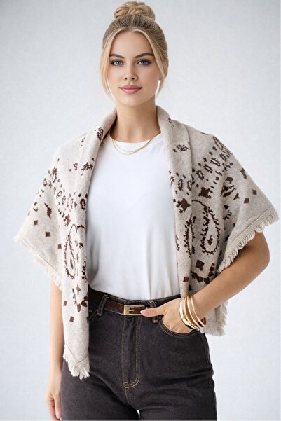 LOOSH Kadın Bej Püskül Detaylı Şal Desenli Atkı