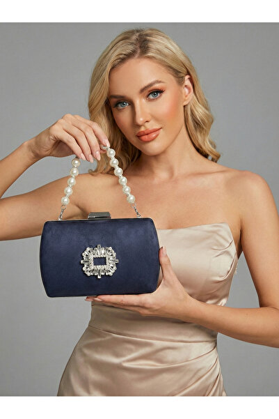 Biçanta Navy Blue Luxury Suede Crystal Stone Metal Handle Chain Women's Eveni...