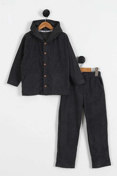 MiniBou Premium Velvet Striped Boys' Hooded Top and Bottom Set