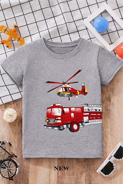 New Shine تي شيرت للأطفال مطبوع عليه شاحنة إطفاء للجنسين