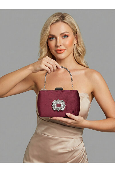 Biçanta Burgundy Luxury Suede Crystal Stone Metal Handle Chain Women's Evenin...