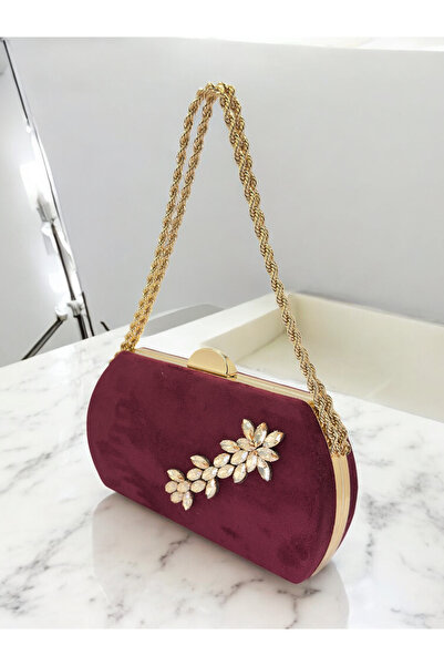Biçanta Burgundy Gold Luxury Suede Crystal Stone Metal Handle Chain Women's E...