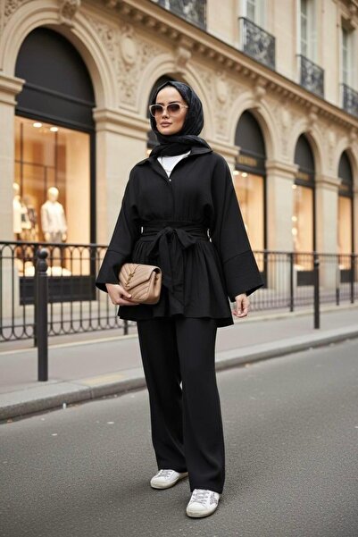 Aselim Hijap Moda Double Suit with Waist Tie and Drawstring Belt in Black