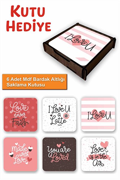 UNT Set of 6 Mdf Coasters with Storage Box – Decorative Valentine's Day Themed
