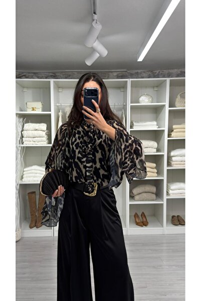 LUUNA STORE Mari̇a Leopard Printed Chiffon Blouse - Black