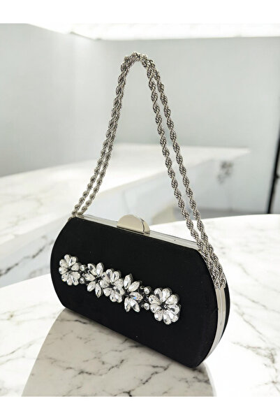Biçanta Black Luxury Suede Crystal Stone Metal Handle Chain Women's Evening D...
