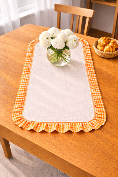 ŞAH TEXTILE DESIGN pötikare fırfır detaylı yıkanmış premium keten runner 40x110