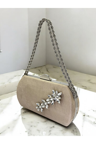 Biçanta Beige Luxury Suede Crystal Stone Metal Handle Chain Women's Evening D...