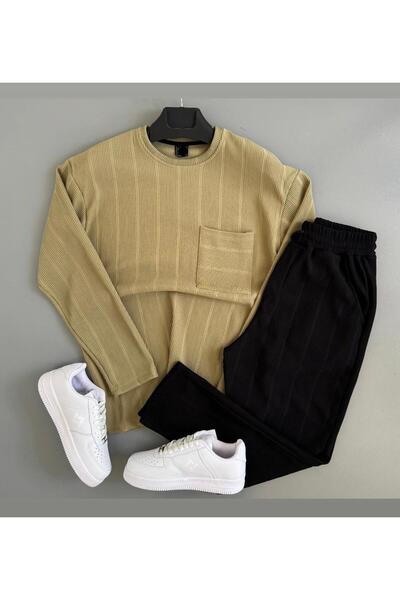 WENMİNG Men's Ottoman Fabric Crew Neck Top and Bottom Set