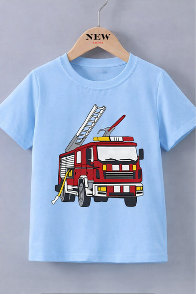 New Shine تي شيرت للأطفال مطبوع عليه شاحنة إطفاء للجنسين