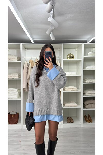 LUUNA STORE Maison Shirt-Detail Tricot Dress - Gray