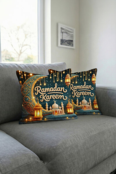 Hayal Dekoratif Punch Nakış Desen 3D Dijital Desen Ramazan Temalı Hilal Desen 4lü Kırlent Kılıfı Seti
