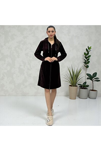 Şahteks Women's Zippered Hooded Heart Embroidered Velvet Dressing Gown
