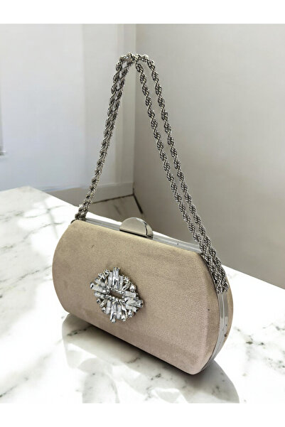 Biçanta Beige Luxury Suede Crystal Stone Metal Handle Chain Women's Evening D...