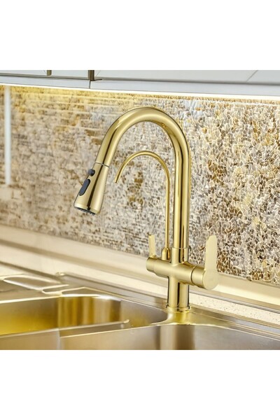 banyosepeti PureLux Altın Gold Arıtmalı Spiralli Mutfak Eviye Bataryası – Dön...